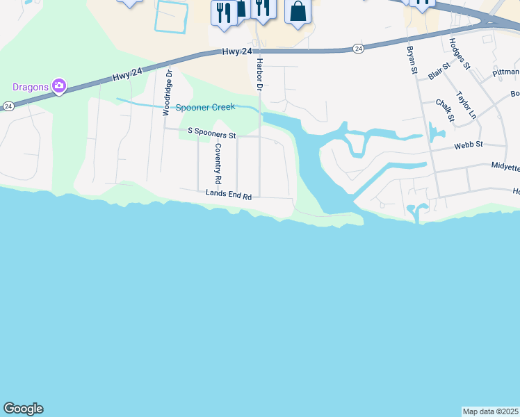 map of restaurants, bars, coffee shops, grocery stores, and more near 169 Lands End Road in Morehead City