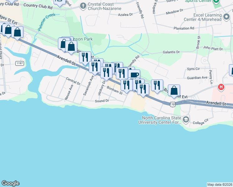map of restaurants, bars, coffee shops, grocery stores, and more near 4116 Bonham Street in Morehead City