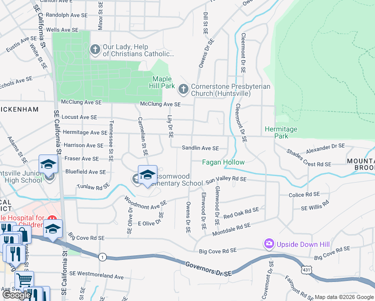 map of restaurants, bars, coffee shops, grocery stores, and more near 1607 Sandlin Avenue Southeast in Huntsville