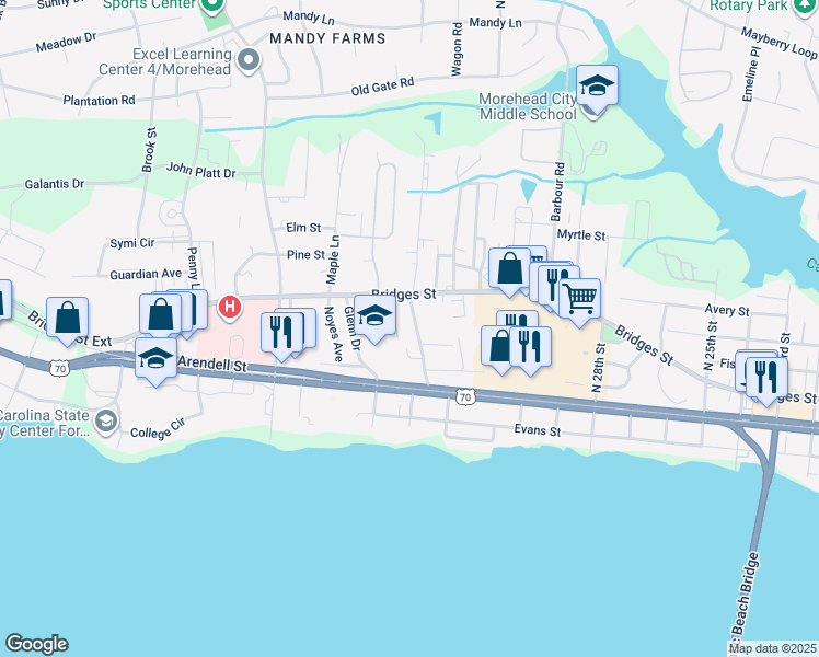 map of restaurants, bars, coffee shops, grocery stores, and more near 121 Bonner Avenue in Morehead City