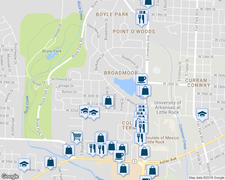 map of restaurants, bars, coffee shops, grocery stores, and more near 47 Lakeshore Drive in Little Rock
