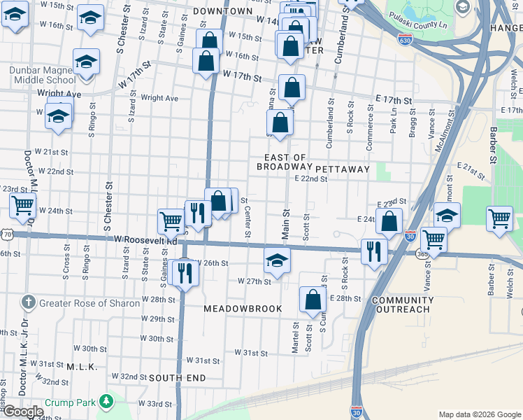 map of restaurants, bars, coffee shops, grocery stores, and more near 2300 South Louisiana Street in Little Rock