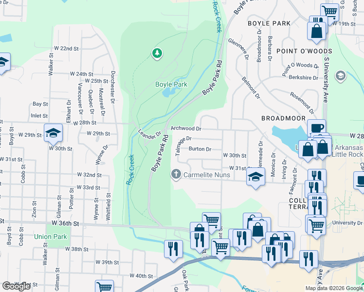 map of restaurants, bars, coffee shops, grocery stores, and more near 35 Talmage Drive in Little Rock