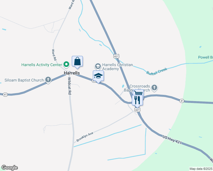 map of restaurants, bars, coffee shops, grocery stores, and more near 421 North Carolina 41 in Fairmont