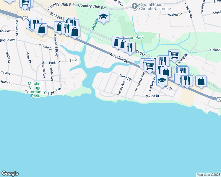 map of restaurants, bars, coffee shops, grocery stores, and more near 218 Pamlico Avenue in Morehead City