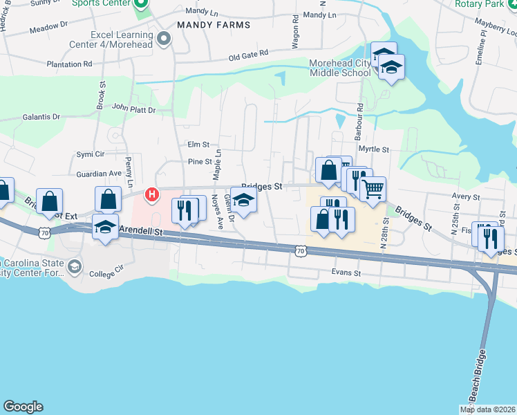 map of restaurants, bars, coffee shops, grocery stores, and more near 3309 Bridges Street in Morehead City