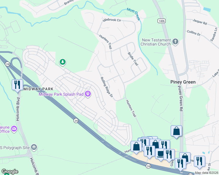 map of restaurants, bars, coffee shops, grocery stores, and more near 1944 Heather Loop in Midway Park