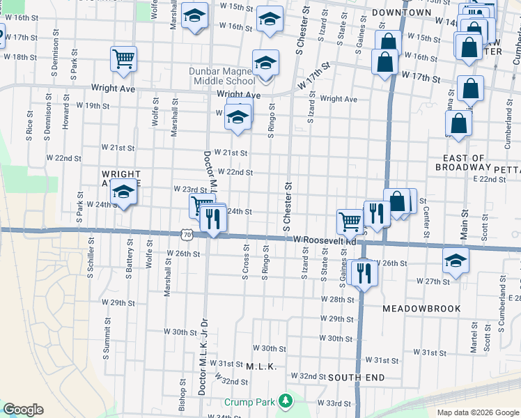 map of restaurants, bars, coffee shops, grocery stores, and more near 1110 West 24th Street in Little Rock