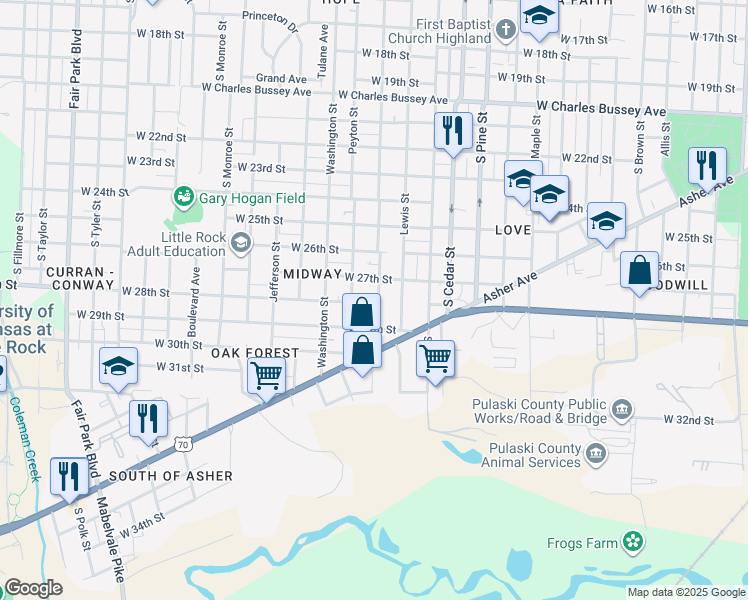 map of restaurants, bars, coffee shops, grocery stores, and more near 4300 West 28th Street in Little Rock