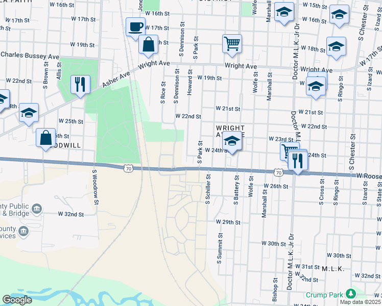 map of restaurants, bars, coffee shops, grocery stores, and more near 2414 South Park Street in Little Rock