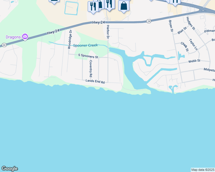map of restaurants, bars, coffee shops, grocery stores, and more near 169 Lands End Road in Morehead City