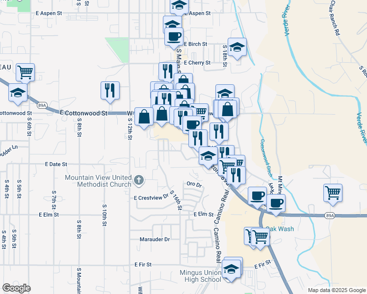 map of restaurants, bars, coffee shops, grocery stores, and more near 711 South Skyline Way in Cottonwood