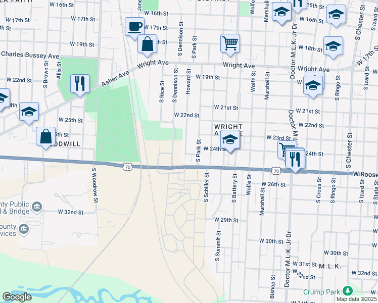 map of restaurants, bars, coffee shops, grocery stores, and more near 2414 South Park Street in Little Rock