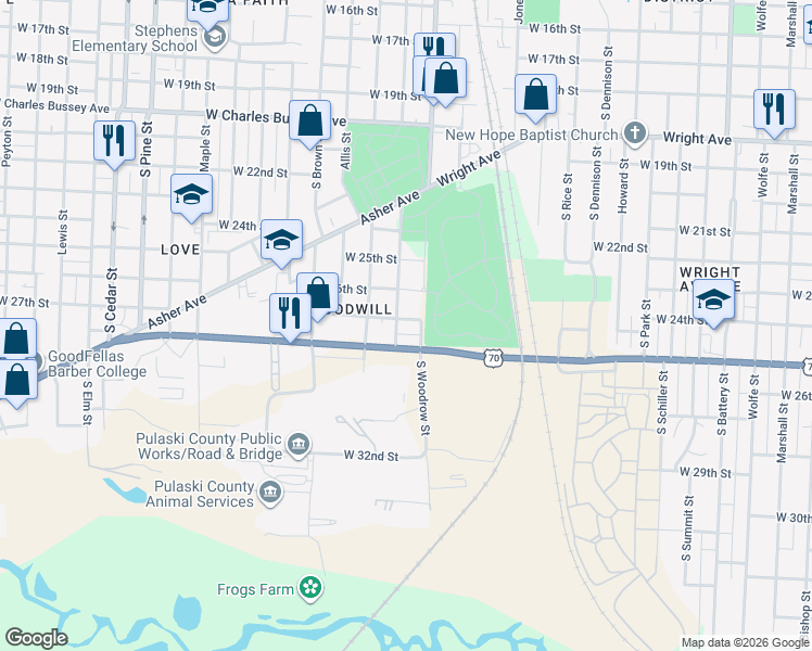 map of restaurants, bars, coffee shops, grocery stores, and more near 2914 West 27th Street in Little Rock