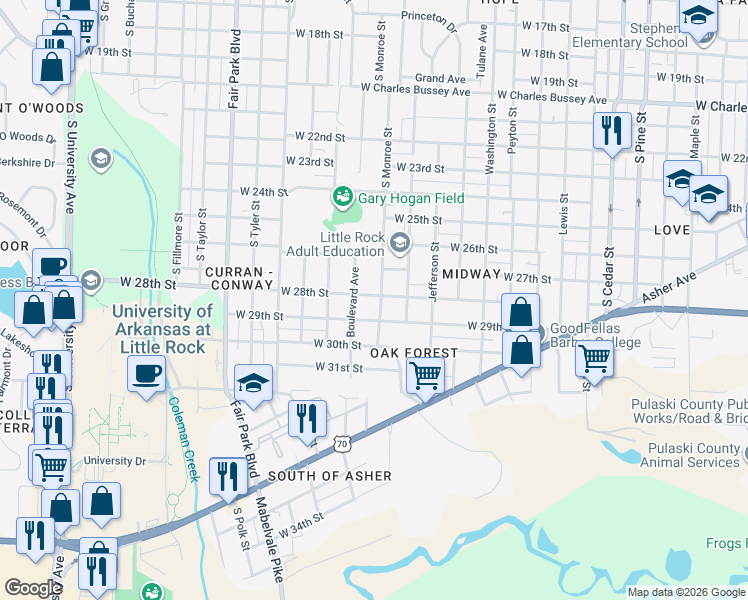 map of restaurants, bars, coffee shops, grocery stores, and more near 2721 Boulevard Avenue in Little Rock