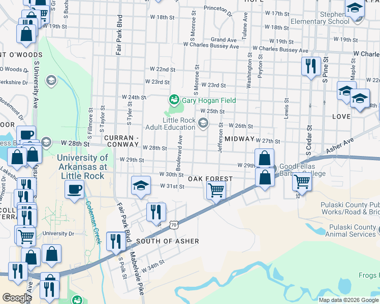 map of restaurants, bars, coffee shops, grocery stores, and more near 2721 Boulevard Avenue in Little Rock