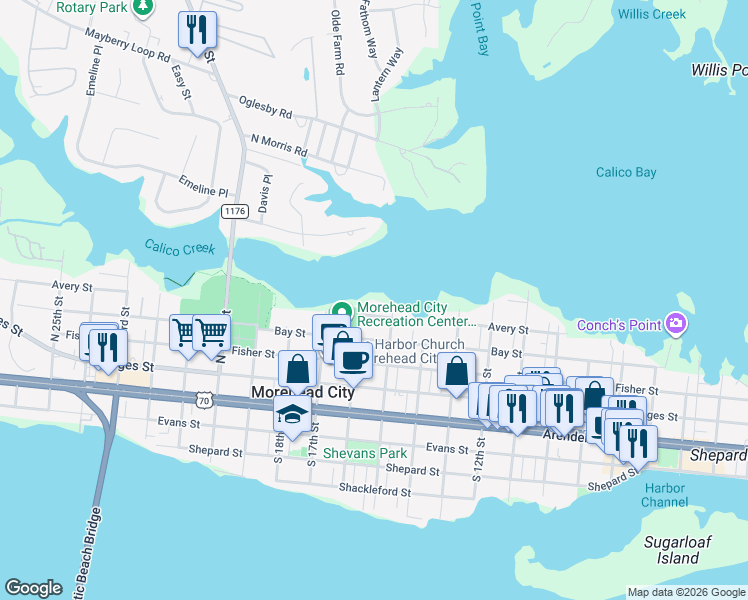 map of restaurants, bars, coffee shops, grocery stores, and more near 1506 Avery Street in Morehead City