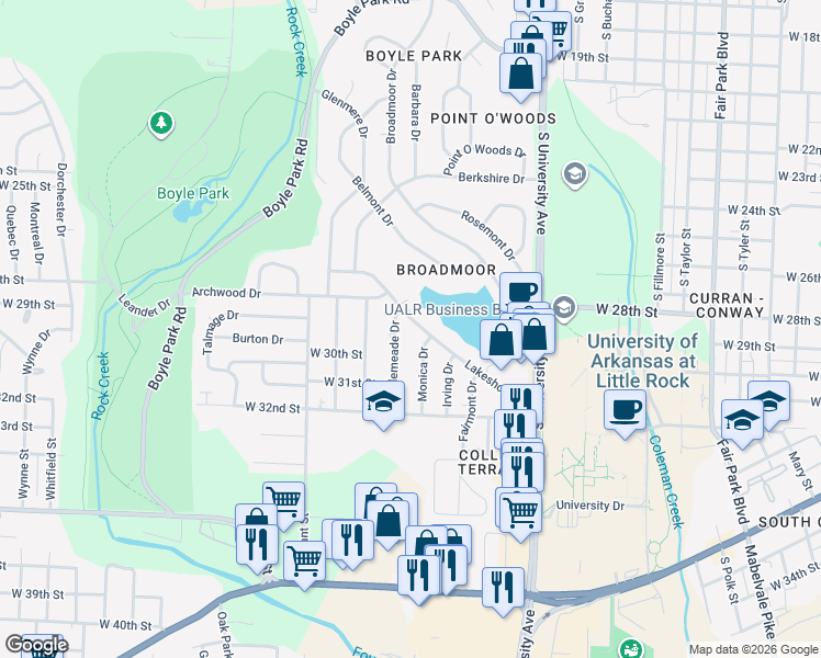 map of restaurants, bars, coffee shops, grocery stores, and more near 6 Bellemeade Drive in Little Rock