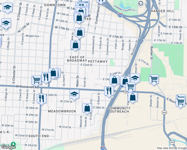 map of restaurants, bars, coffee shops, grocery stores, and more near 2305 Cumberland Street in Little Rock