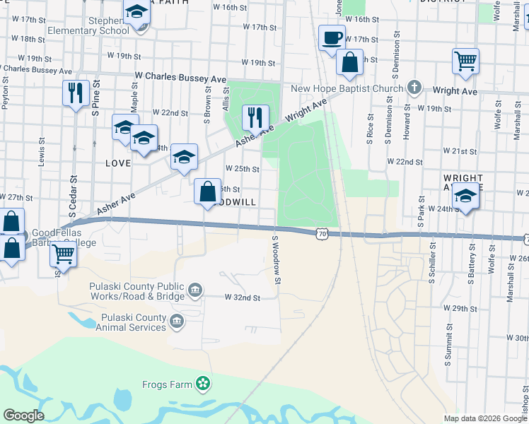 map of restaurants, bars, coffee shops, grocery stores, and more near 2914 West 27th Street in Little Rock