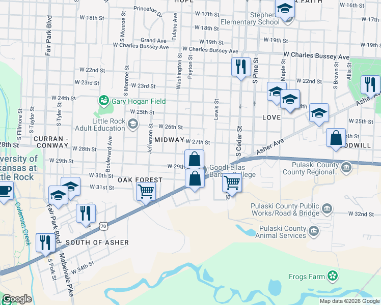 map of restaurants, bars, coffee shops, grocery stores, and more near 4322 West 28th Street in Little Rock