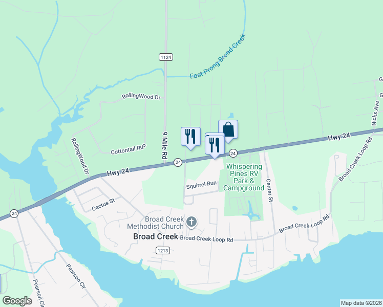 map of restaurants, bars, coffee shops, grocery stores, and more near 2896 North Carolina 24 in Newport