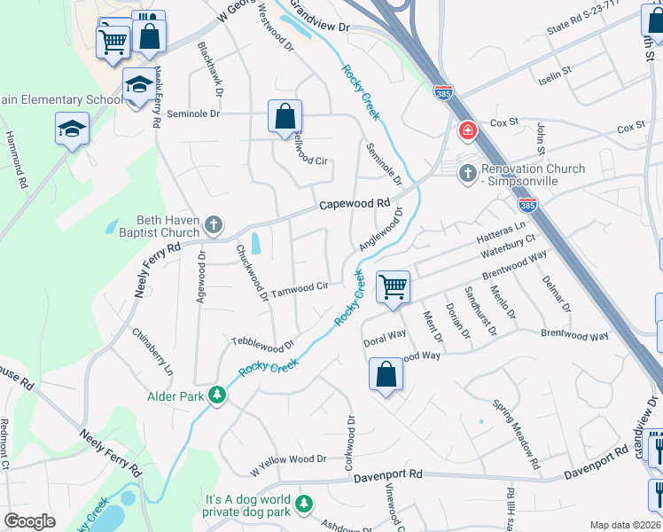map of restaurants, bars, coffee shops, grocery stores, and more near 28 Tamwood Circle in Simpsonville