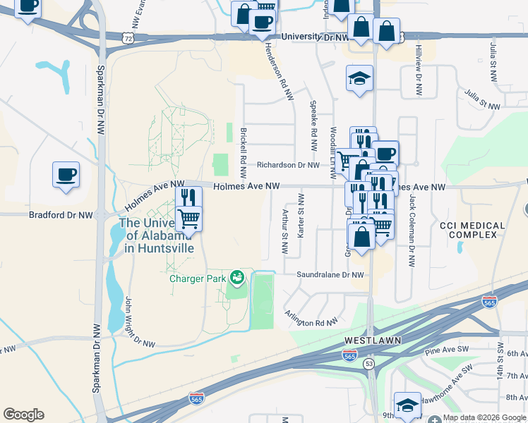 map of restaurants, bars, coffee shops, grocery stores, and more near 625 Austin Drive Northwest in Huntsville