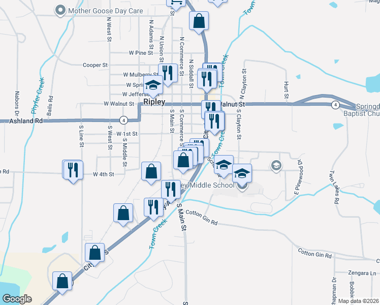 map of restaurants, bars, coffee shops, grocery stores, and more near 207 East 3rd Street in Ripley