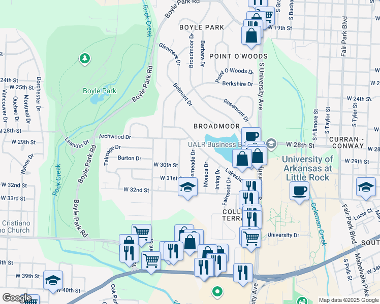 map of restaurants, bars, coffee shops, grocery stores, and more near 6 Bellemeade Drive in Little Rock