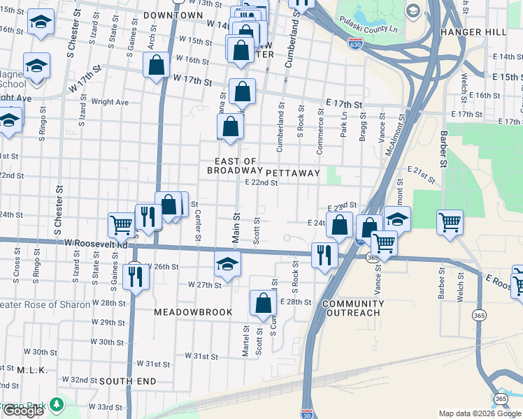 map of restaurants, bars, coffee shops, grocery stores, and more near 2301 Scott Street in Little Rock