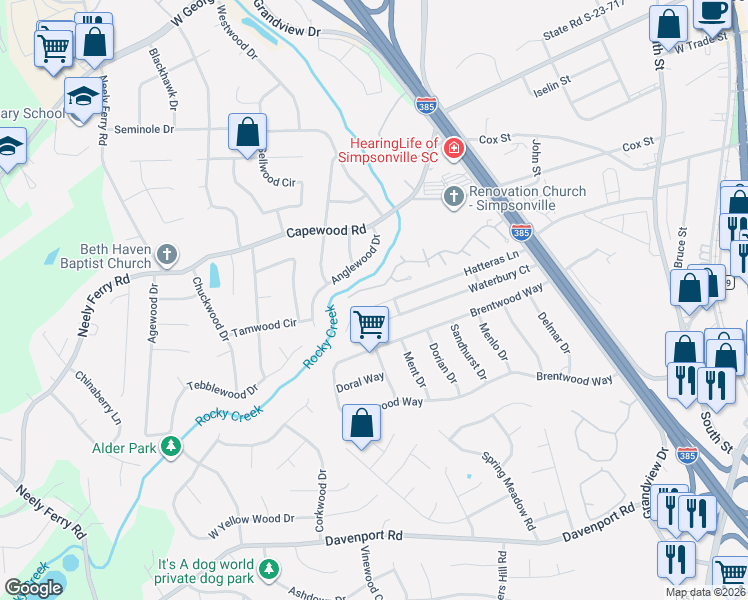 map of restaurants, bars, coffee shops, grocery stores, and more near 3200 Grandview Drive in Simpsonville