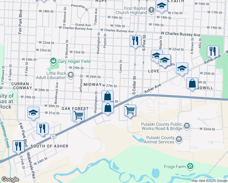 map of restaurants, bars, coffee shops, grocery stores, and more near 4300 West 28th Street in Little Rock