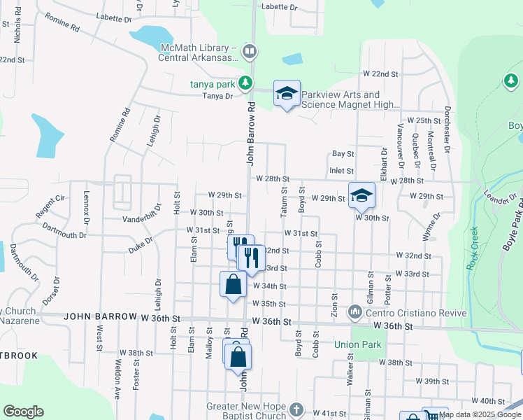 map of restaurants, bars, coffee shops, grocery stores, and more near 2910 Tatum Street in Little Rock