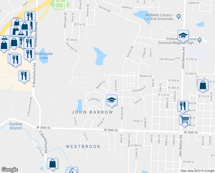 map of restaurants, bars, coffee shops, grocery stores, and more near 2911 Dorset Drive in Little Rock