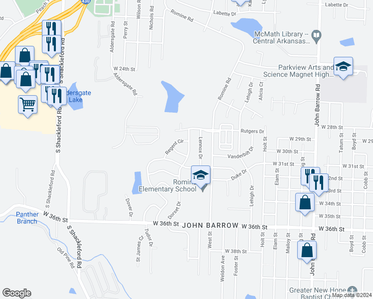map of restaurants, bars, coffee shops, grocery stores, and more near 2912 Dorset Drive in Little Rock