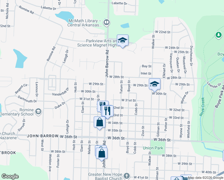 map of restaurants, bars, coffee shops, grocery stores, and more near 2910 Tatum Street in Little Rock