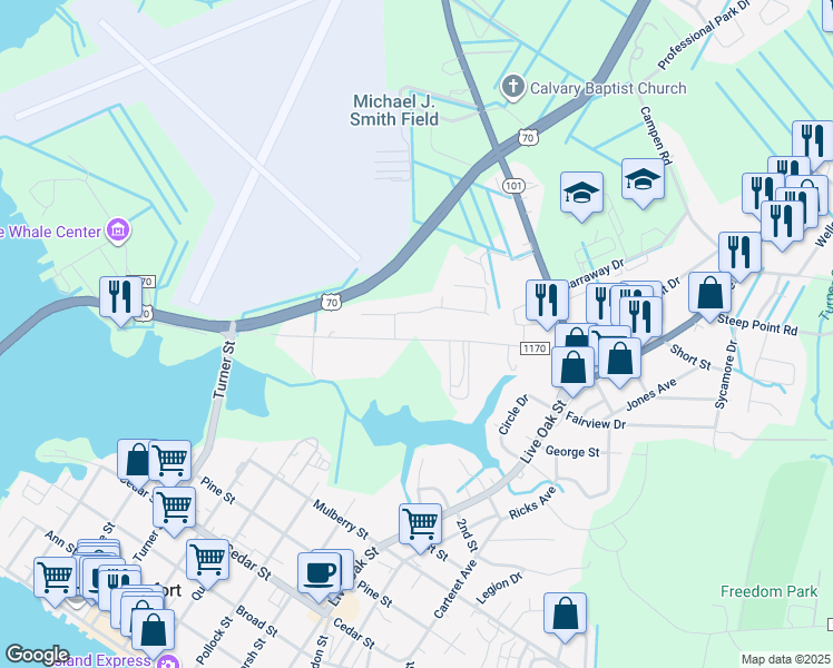 map of restaurants, bars, coffee shops, grocery stores, and more near 621 West Beaufort Road in Beaufort