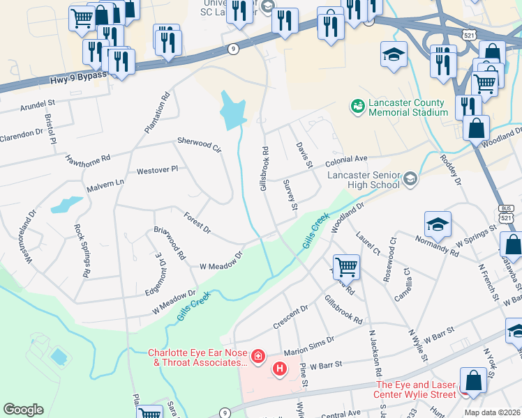 map of restaurants, bars, coffee shops, grocery stores, and more near 608 Gillsbrook Road in Lancaster