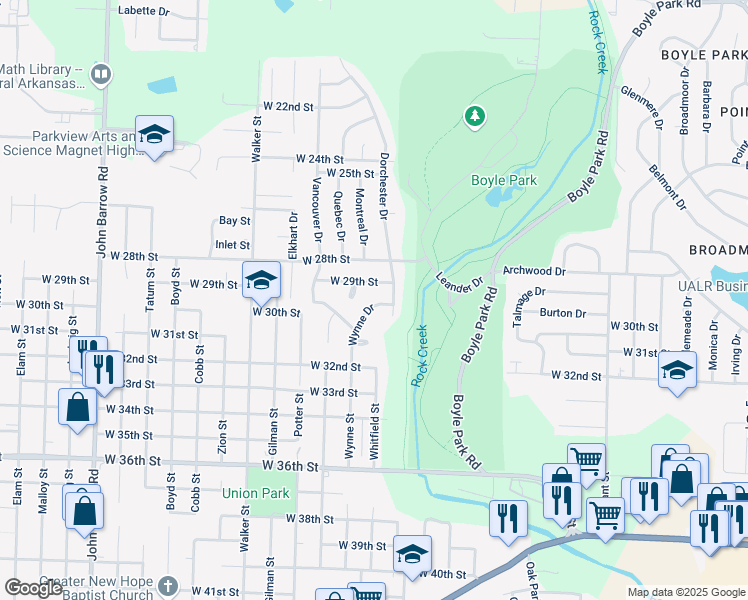 map of restaurants, bars, coffee shops, grocery stores, and more near 2910 Wynne Drive in Little Rock