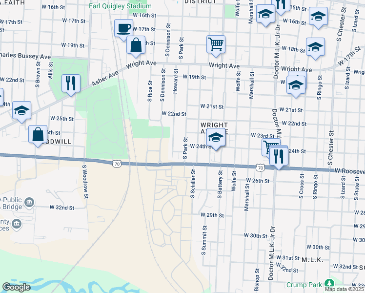 map of restaurants, bars, coffee shops, grocery stores, and more near 2414 South Park Street in Little Rock