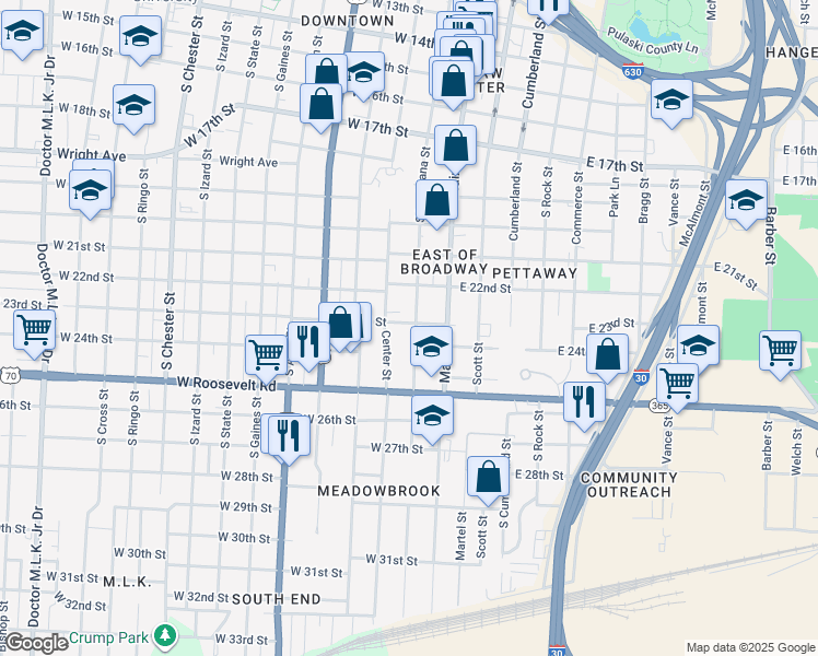 map of restaurants, bars, coffee shops, grocery stores, and more near 2300 South Louisiana Street in Little Rock