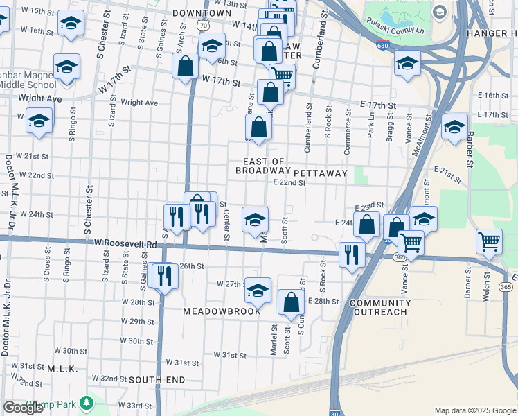 map of restaurants, bars, coffee shops, grocery stores, and more near 2300 Main Street in Little Rock