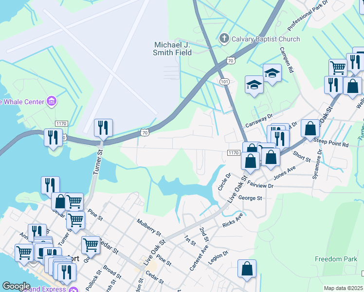 map of restaurants, bars, coffee shops, grocery stores, and more near 621 West Beaufort Road in Beaufort