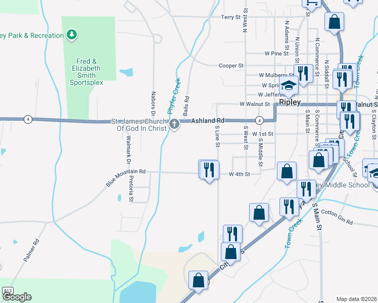 map of restaurants, bars, coffee shops, grocery stores, and more near 705 Ashland Road in Ripley