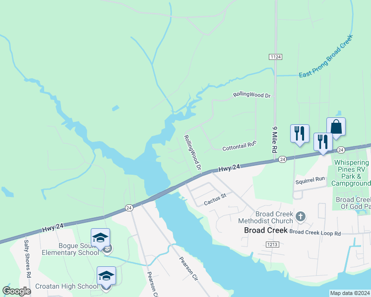 map of restaurants, bars, coffee shops, grocery stores, and more near 366 Rolling Wood Drive in Newport