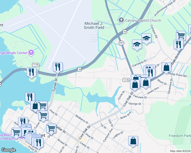 map of restaurants, bars, coffee shops, grocery stores, and more near 100 Joyce Boulevard in Beaufort