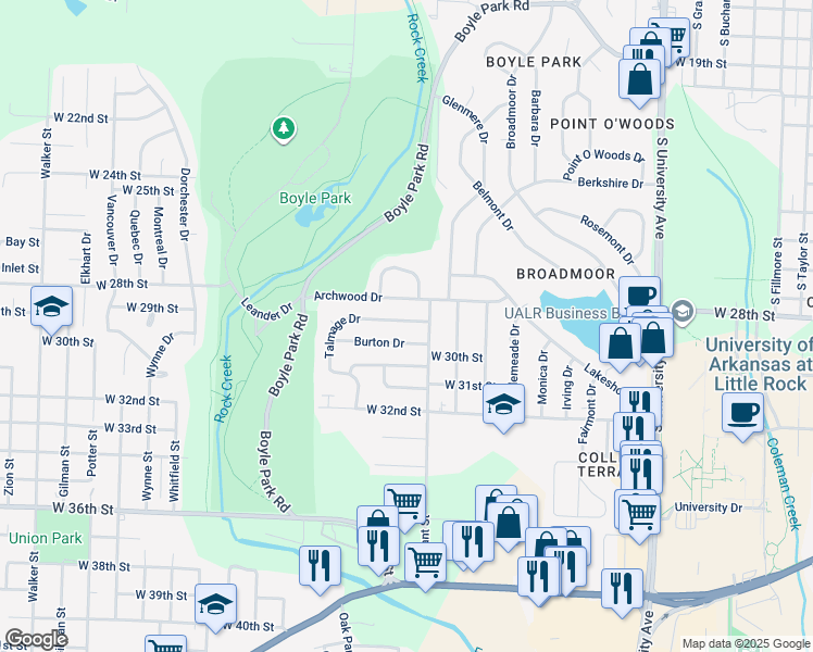 map of restaurants, bars, coffee shops, grocery stores, and more near 6811 Talmage Drive in Little Rock