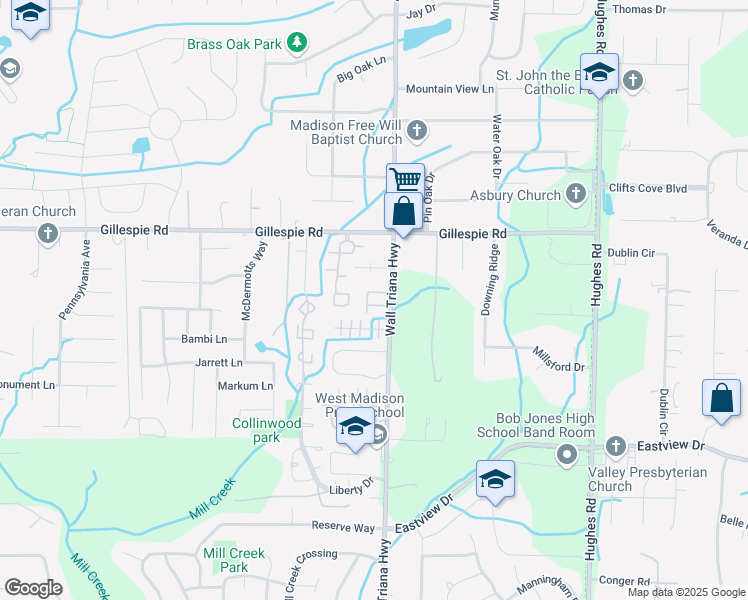 map of restaurants, bars, coffee shops, grocery stores, and more near 5142 Wall Triana Highway in Madison