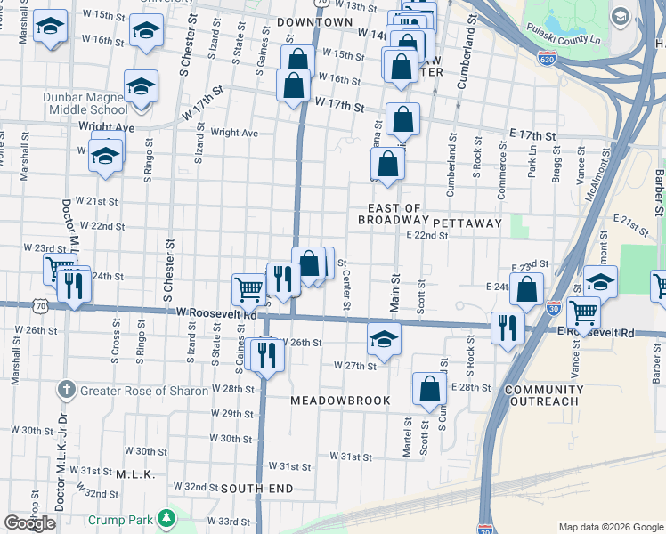 map of restaurants, bars, coffee shops, grocery stores, and more near 315 West 23rd Street in Little Rock